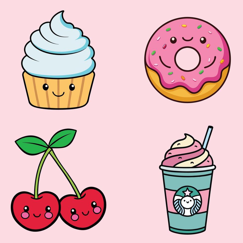 Adorable Kawaii Food Icons with Cupcake, Donut, Cherries, and Drink Set vector