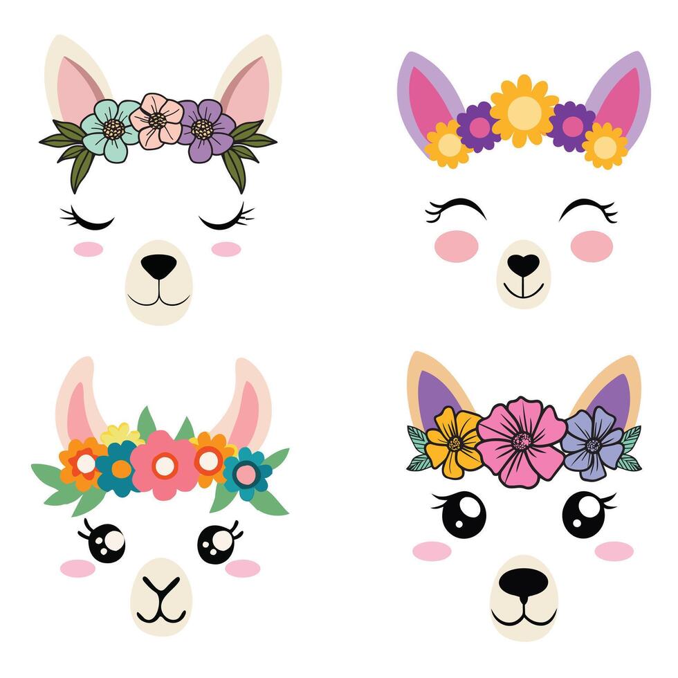 Whimsical Llama Face with Floral Accents Design Bundle vector