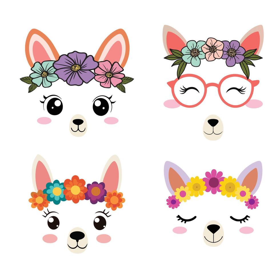 Adorable Llama Face with Flower Crown Design Bundle vector