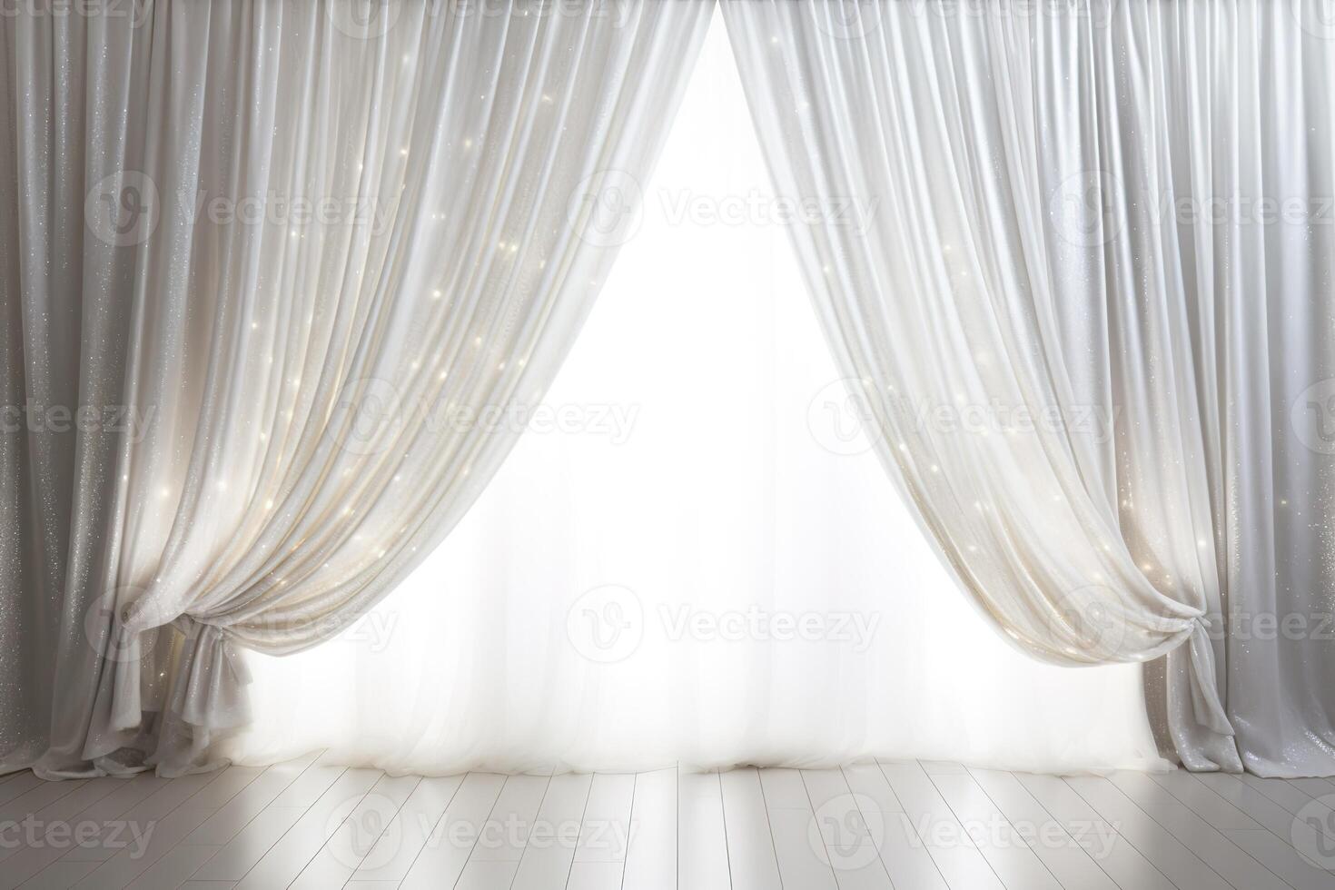 scene backdrop luxury white shimmer curtain on stage of theater or cinema slightly ajar, stylish empty background for festive design photo