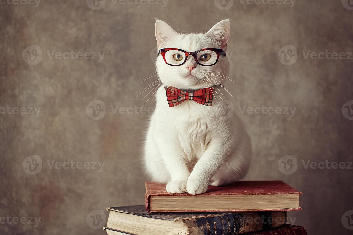 adorable fluffy white cat in glasses and red bow tie sitting on a stack of books on grey concrete background with copy space photo