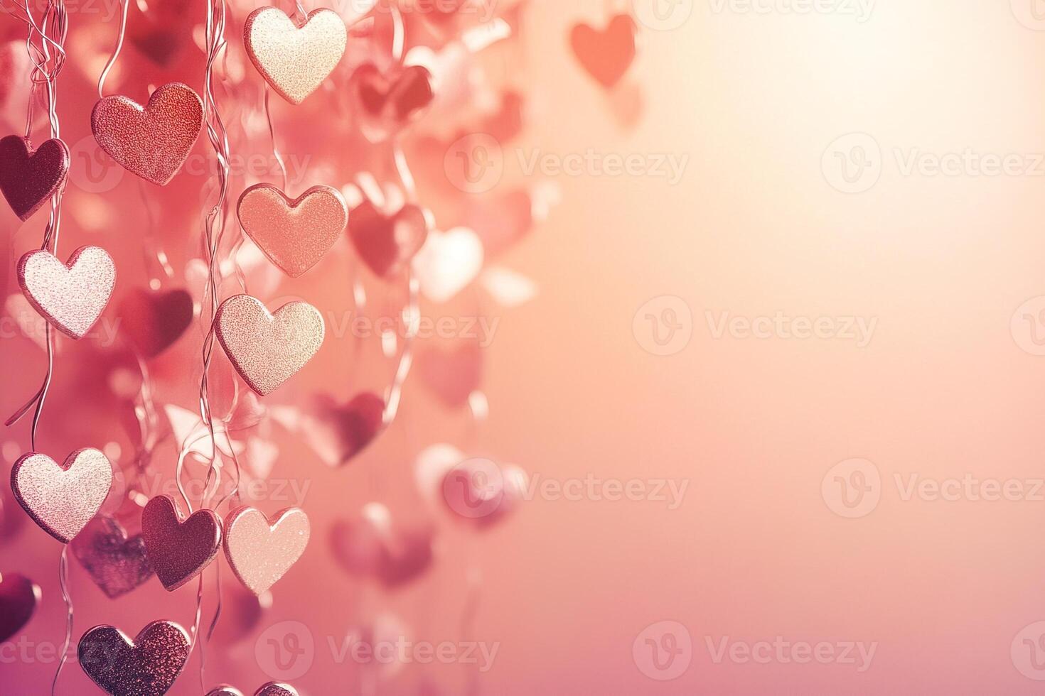 shimmering metallic heart garland cascading, surrounded by a soft gradient pink background, delicate composition with warm ambient lighting and copy space photo