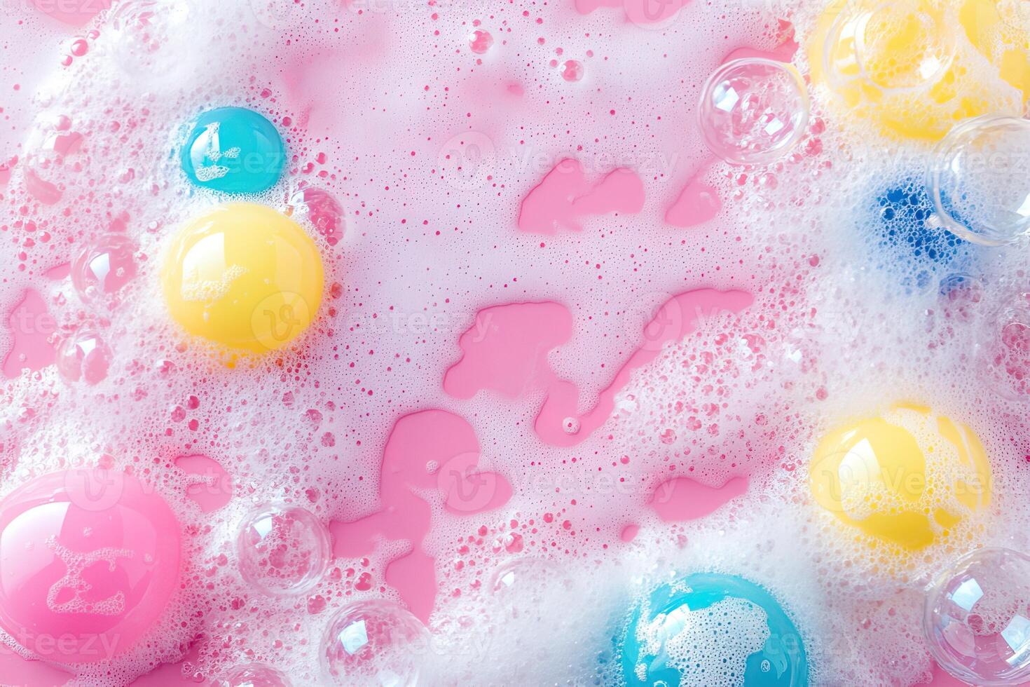 top view white soap foam and bubbles on light pink background with colorful details photo