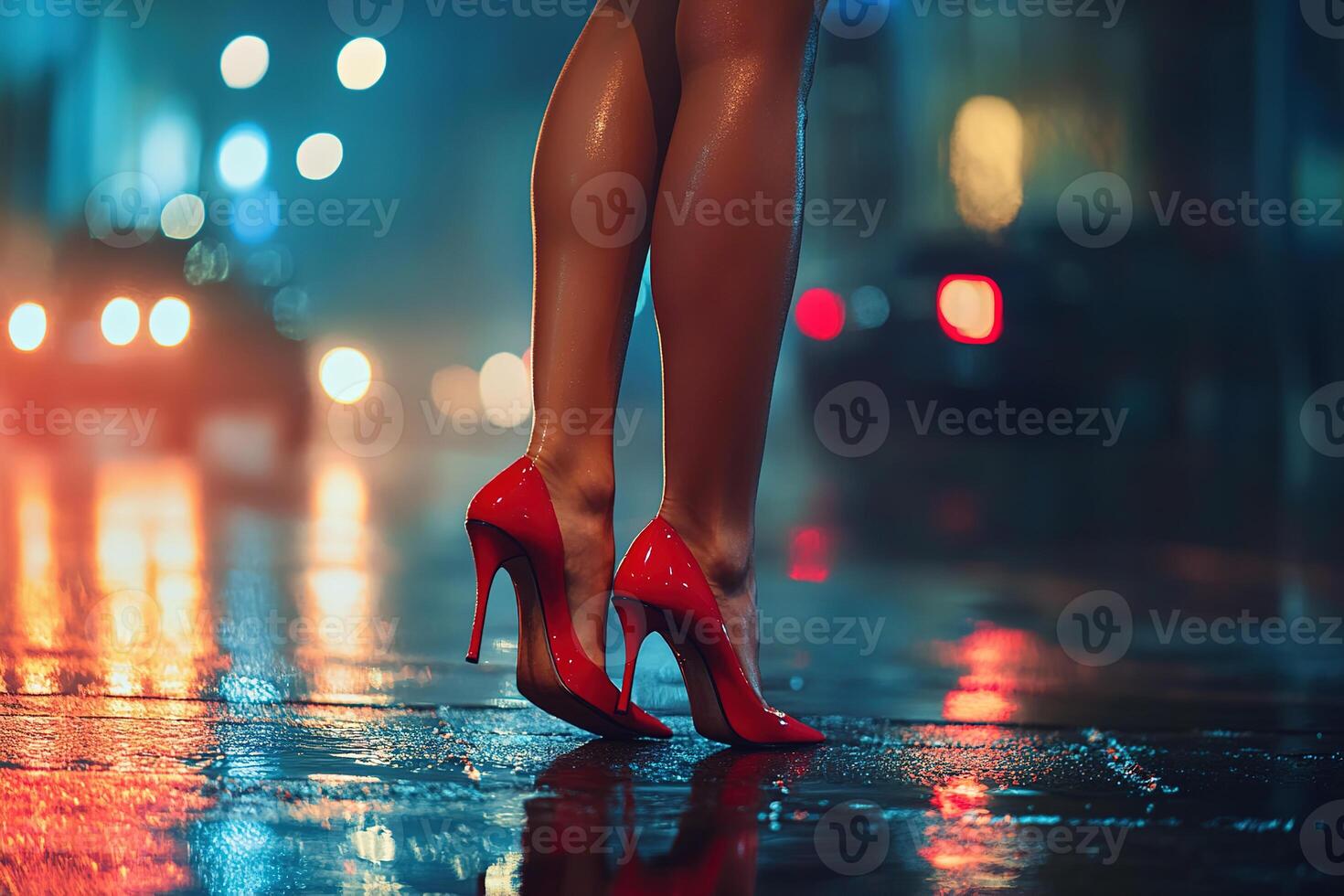 close-up of female legs in elegant red high-heeled shoes on the night street on blurred background with lights photo