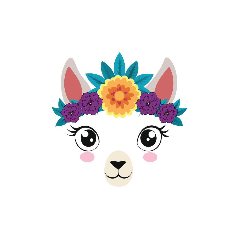 Llama Face with Beautiful Flower Crown Design vector