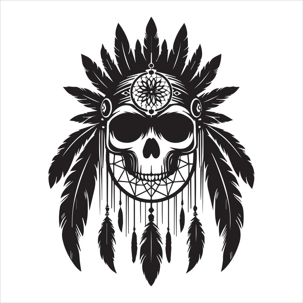 Intricate Skull Design with Native Headdress Elements vector