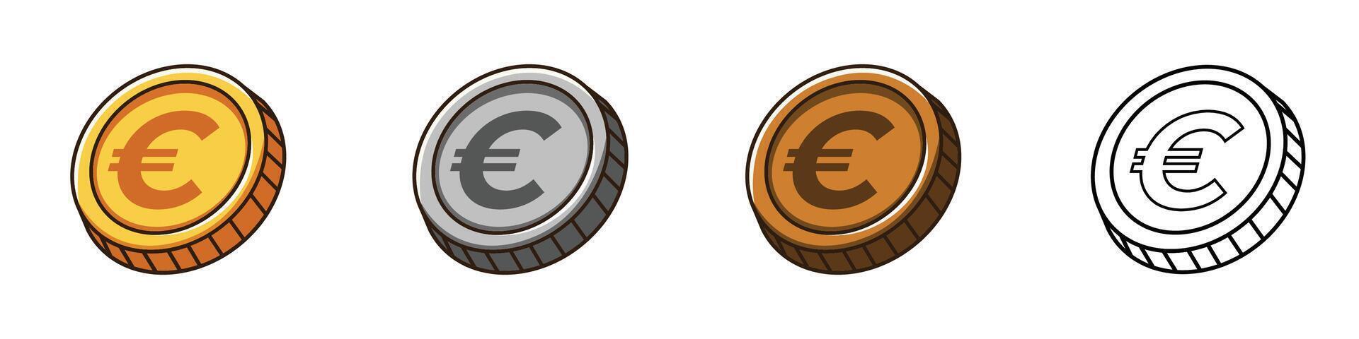 Simple Euro coin illustration in gold, silver, and bronze tones with outline style vector