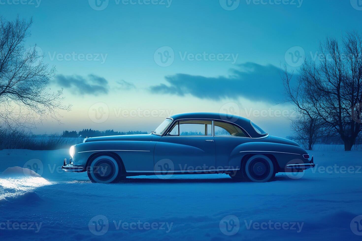 Retro car in a snow-covered landscape, profile view, cold blue lighting with subtle reflections photo