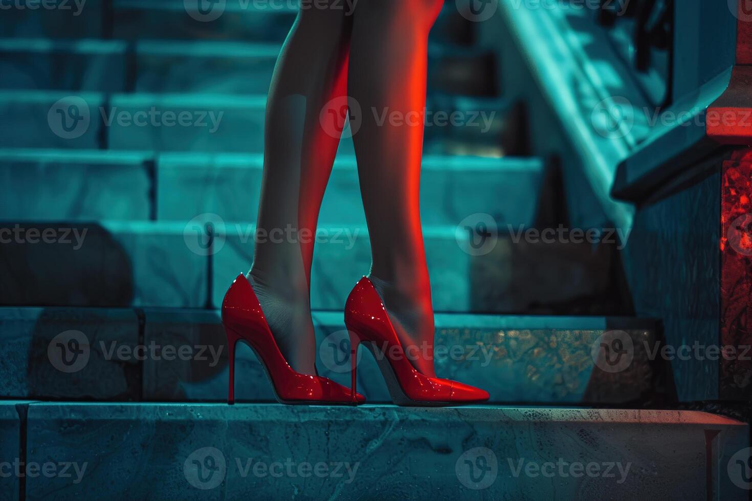 close-up of side view slender female legs in red high-heeled shoes on the stairs at evening photo