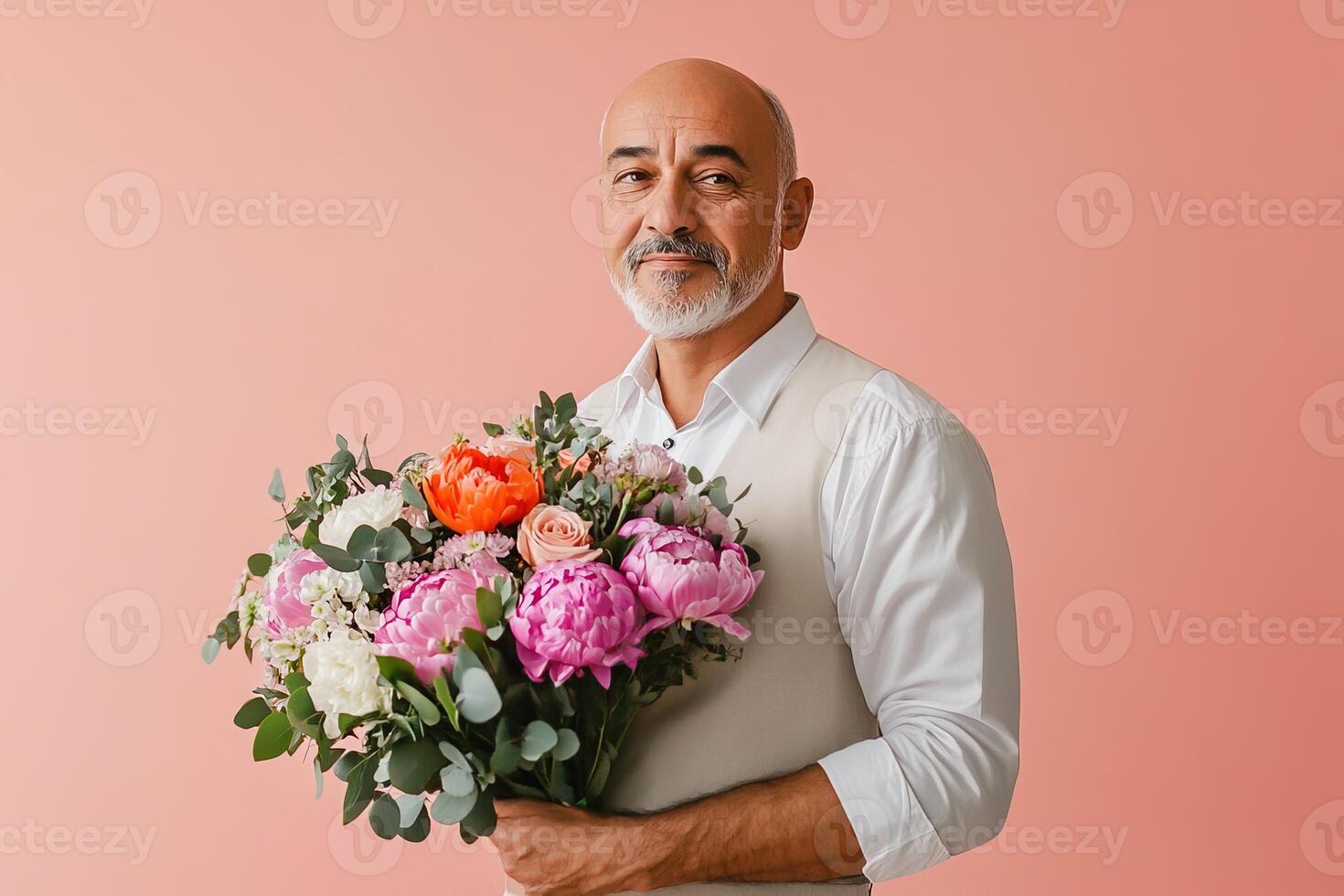portrait elegant middle aged man with grey haired beard wearing white shirt holds bouquet of peonies flowers on pink background photo