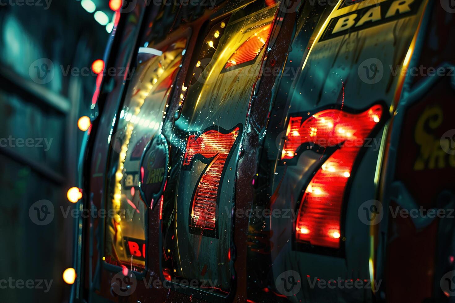 retro vintage slot machine showing a winning combination of three red sevens with lamps, lucky concept photo