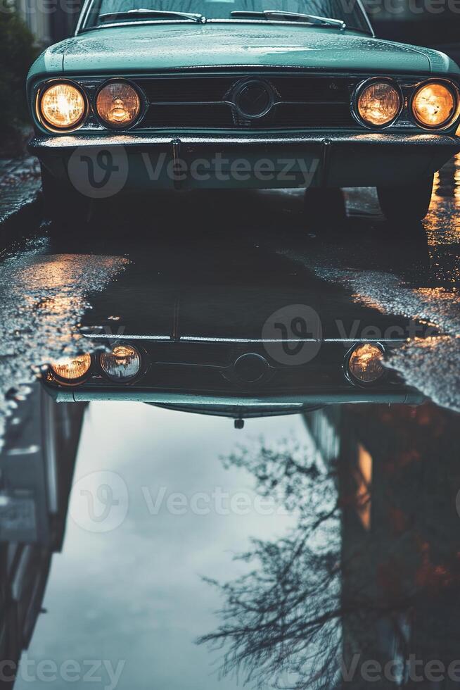 vertical image close-up blue vintage retro car reflected in a puddle on asphalt after rain photo