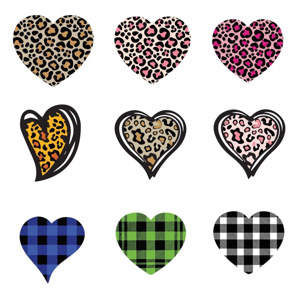 Leopard Print and Plaid Heart Design Bundle, Bold and Stylish Set vector