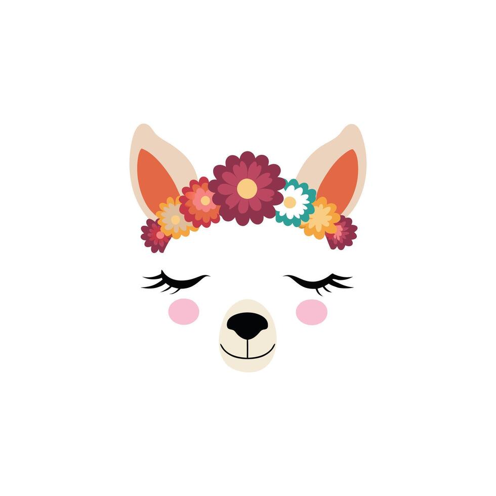 Floral Crown Adorned Cute Llama Face Design vector