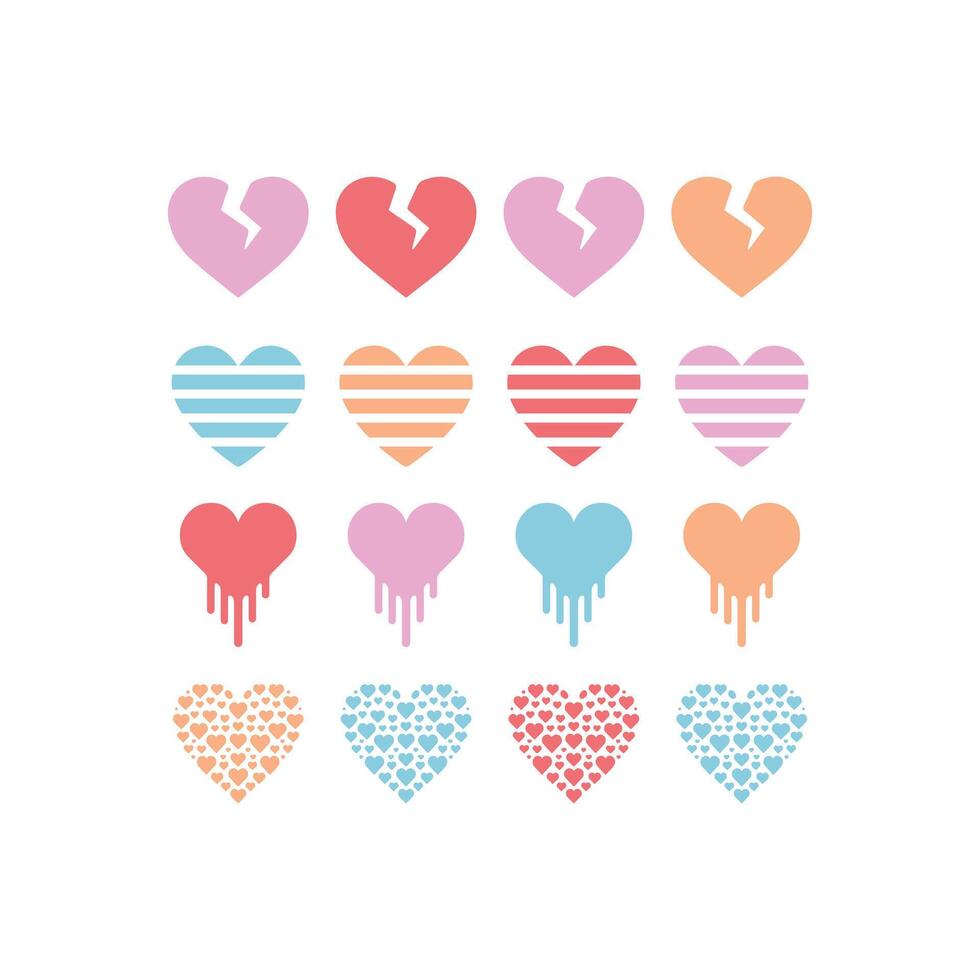 Multicolor Heart Icon Set, Broken, Striped, Dripping, and Patterned Heart Styles Art vector