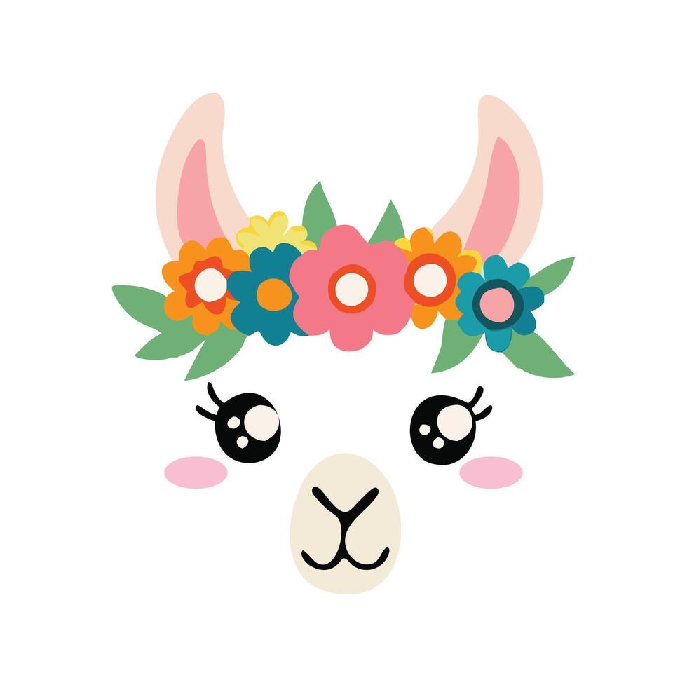 Llama Head with Colorful Floral Crown Art vector
