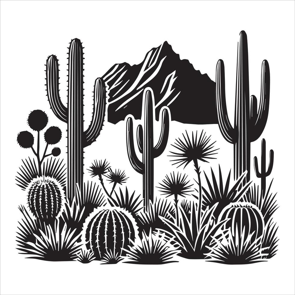 Detailed Cactus Scene Clipart for Desert-Themed Art vector