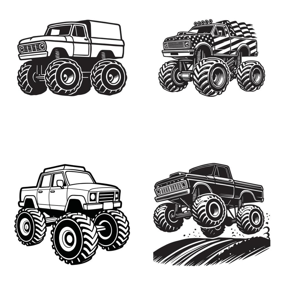 Classic Monster Truck Illustration Clipart Design Set vector