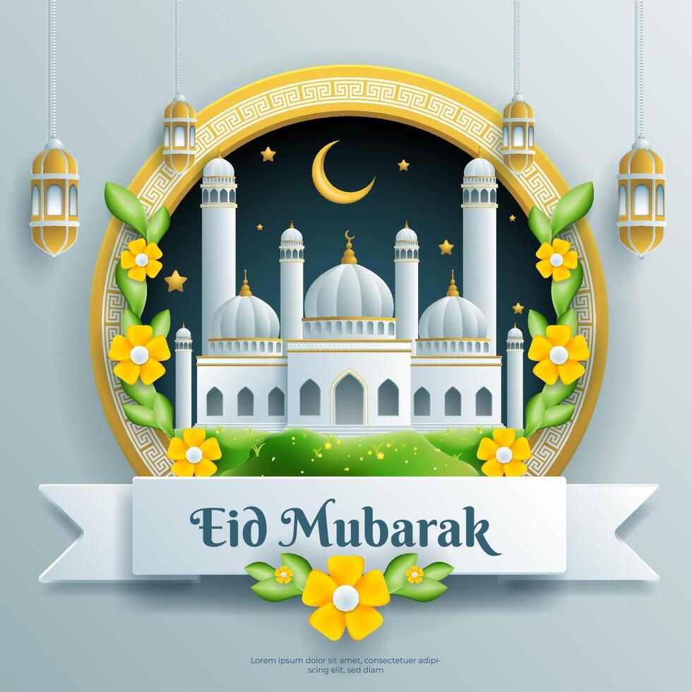 eid mubarak greeting card background with white and gold 3d ornament vector