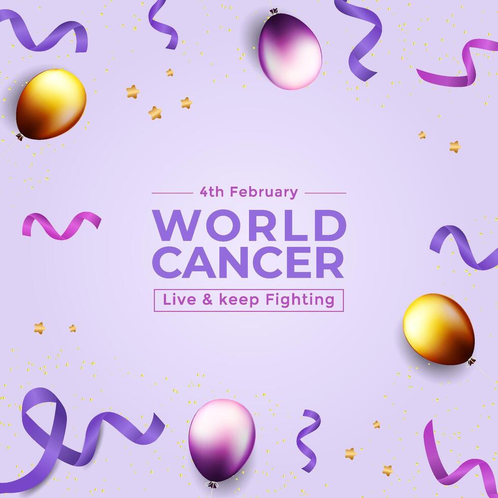 A simple template for National Cancer Awareness Day with a purple ribbon and balloons. vector