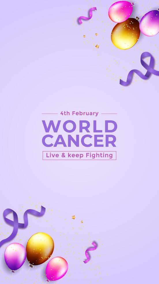 A National Cancer Awareness Day template with a purple ribbon and balloons, ideal for events and celebrations. vector
