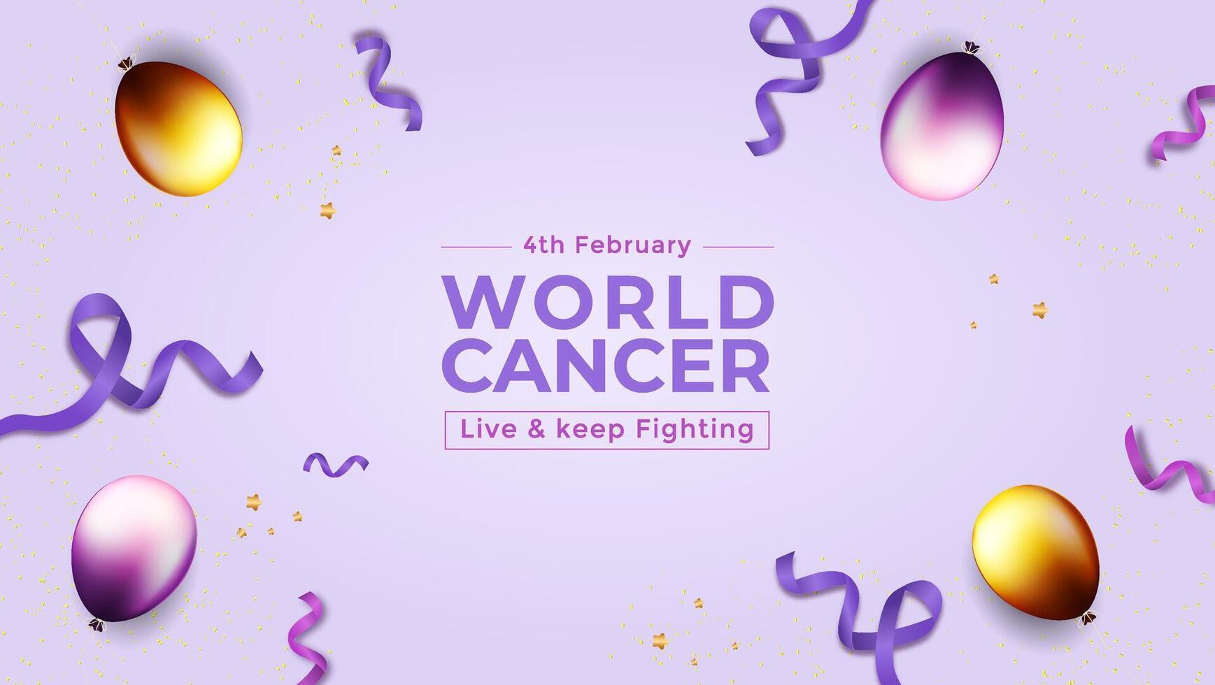 A design template for National Cancer Awareness Day with a purple ribbon and balloons, perfect for events. vector