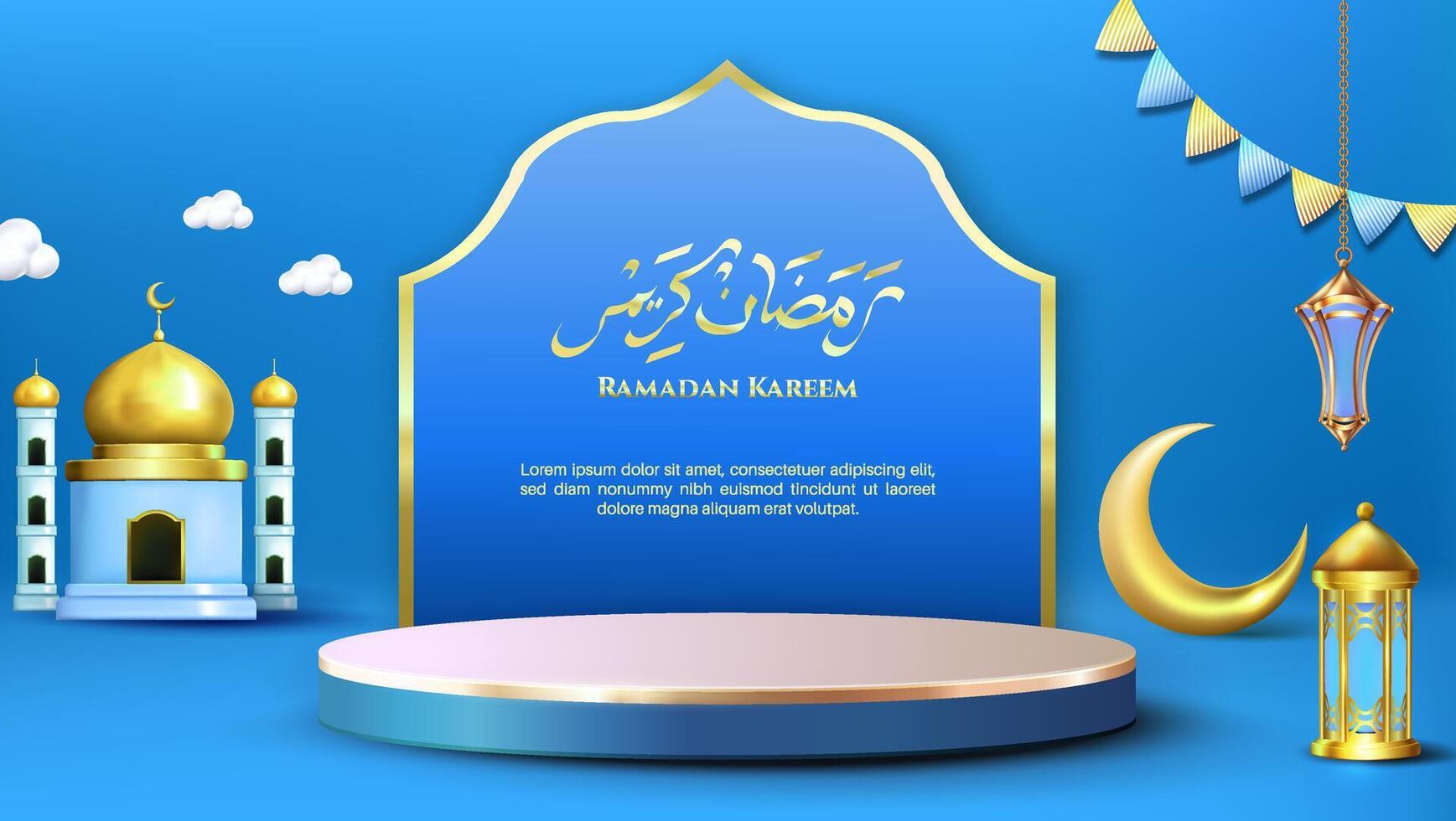 Eid Mubarak illustration with a podium, 3D lantern, gold crescent, and decorative calligraphy. vector