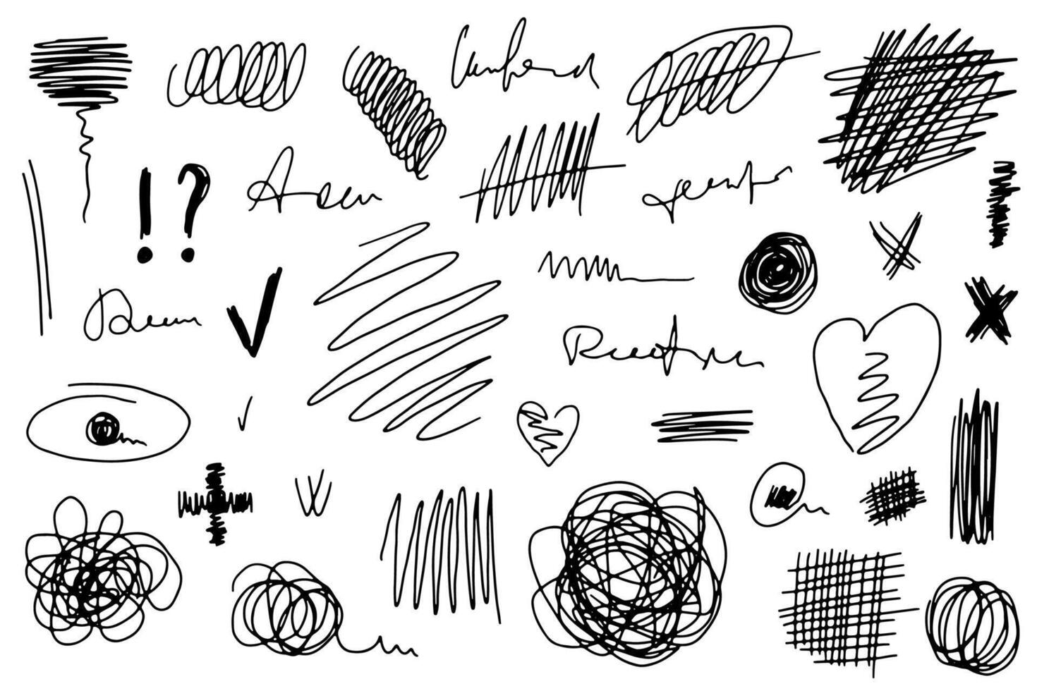Set of hand drawn doodles, scribbles, and sketches in black on a white background. Includes abstract shapes, lines, hearts, and textures. Ideal for creative design, backgrounds, or illustrations. vector