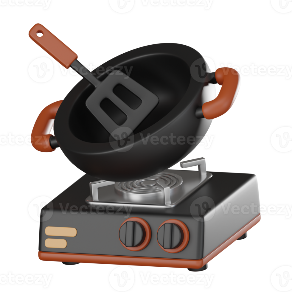 3D render, Cooking Pan with Spatula and Gas Stove for Kitchenware, Icon Illustration png