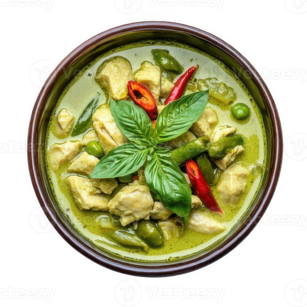 Green curry with chicken in bowl. Top view. png