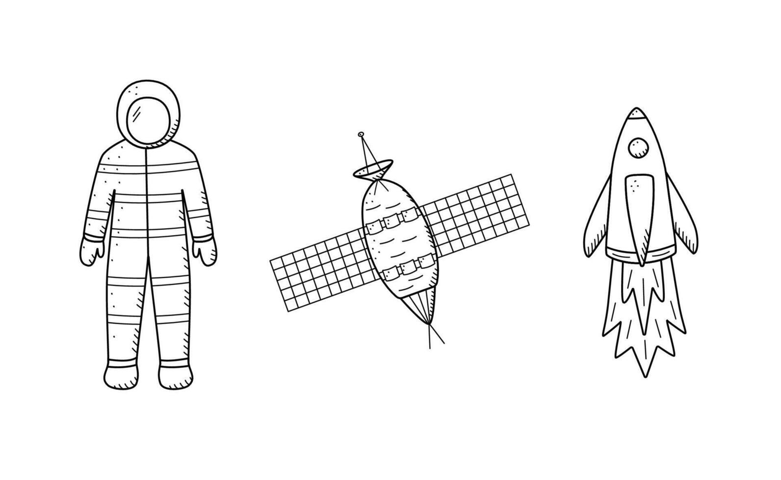 Cosmos doodle set of illustrations. Icons of space elements cartoon. Isolate on a white background. vector