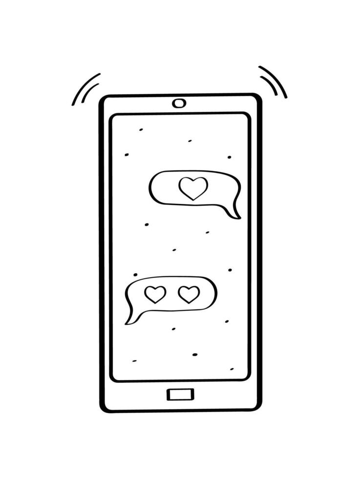 Phone with love message doodle icon. Speech bubbles in phone with love messages. Concept Valentine's Day, wedding. illustration. vector