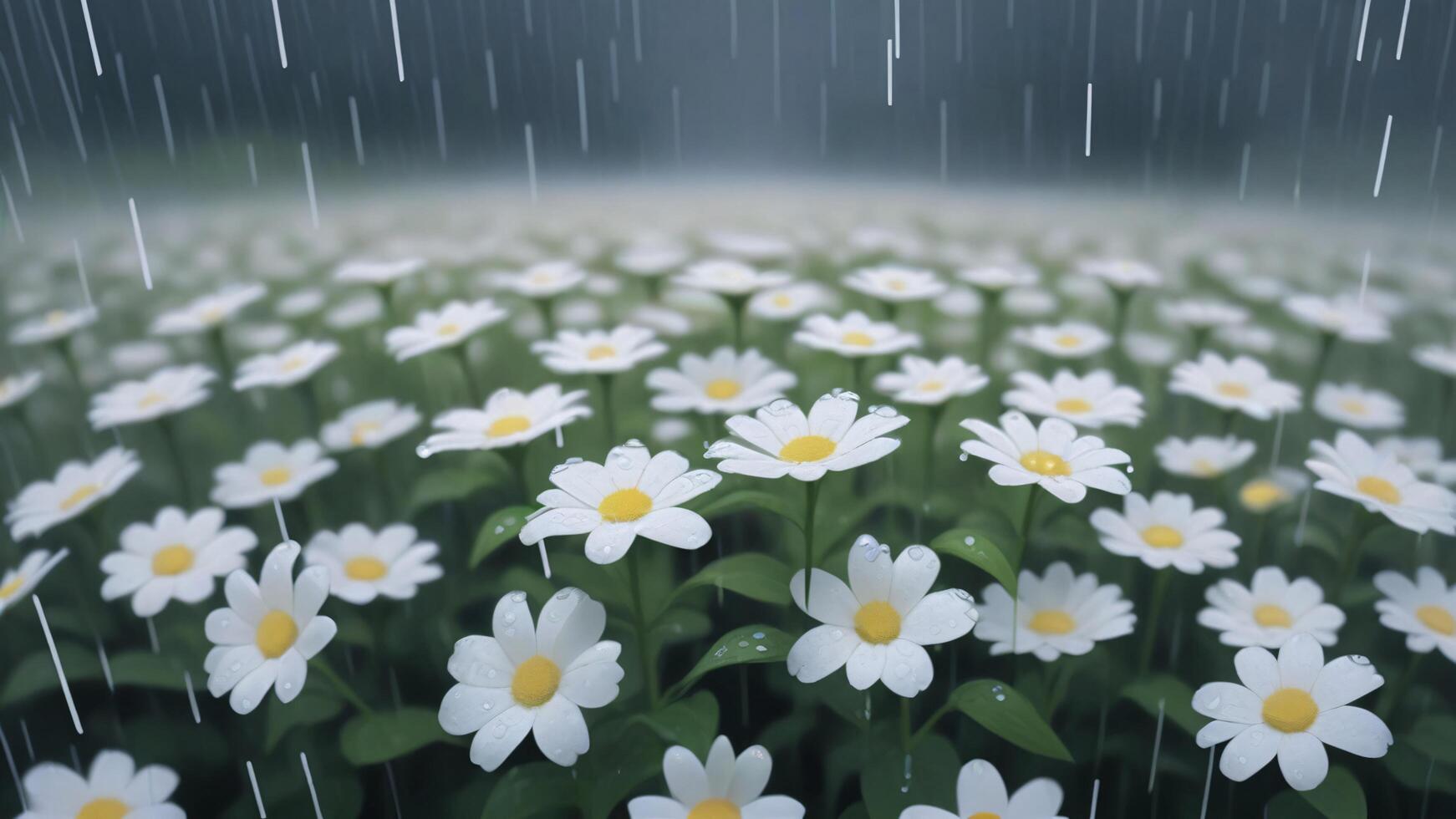 Rain falling on a field of white daisies with yellow centers. photo