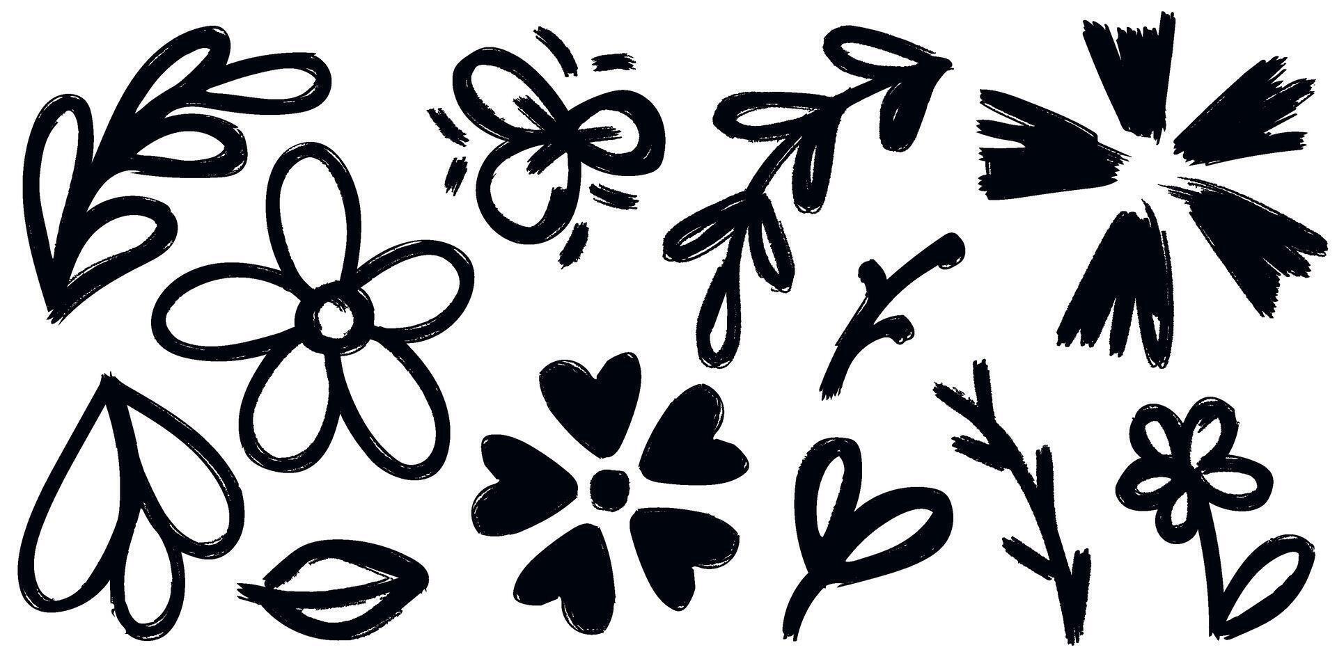 Monochrome grunge set of botanical elements vector