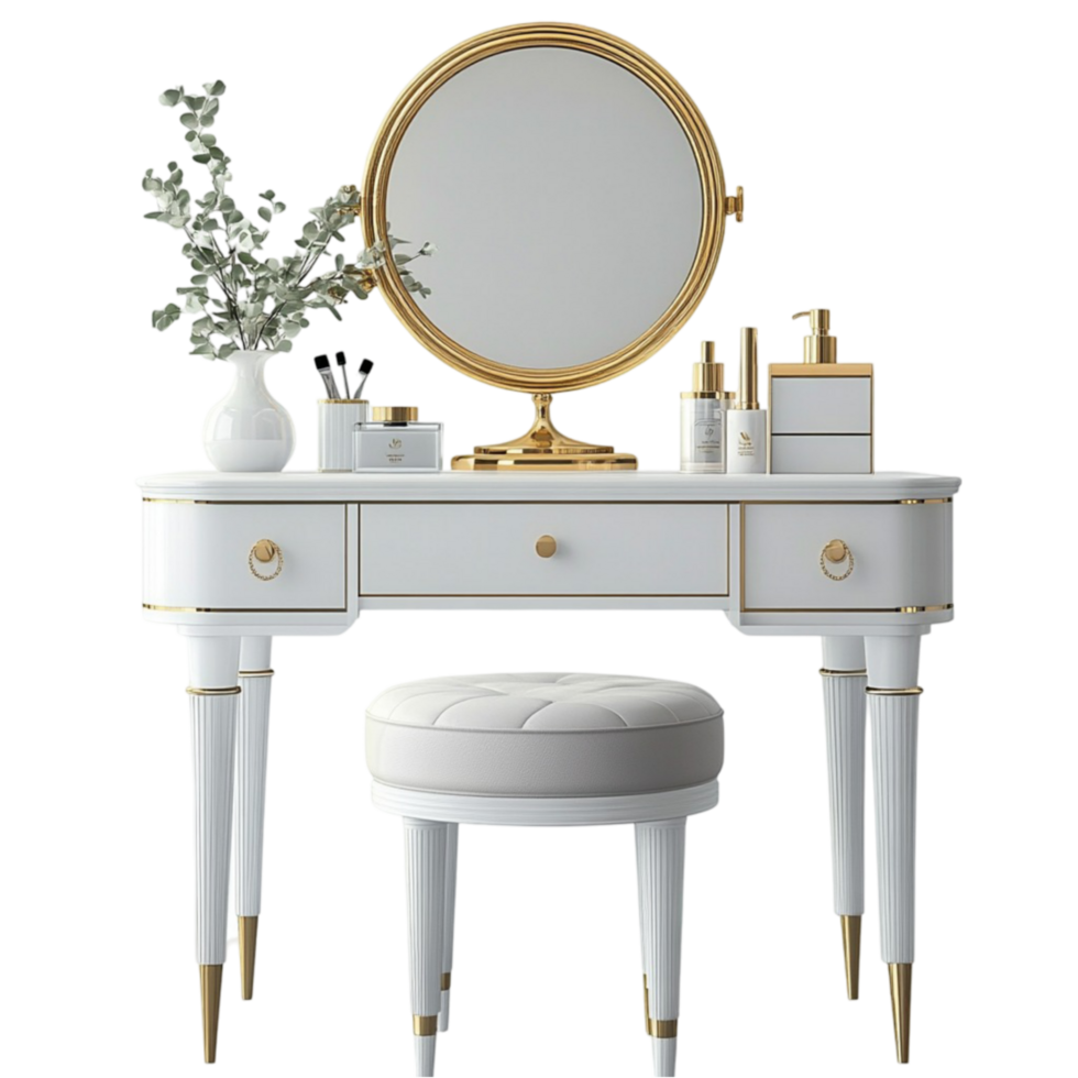 a white vanity table with a mirror and stool transparent background. png