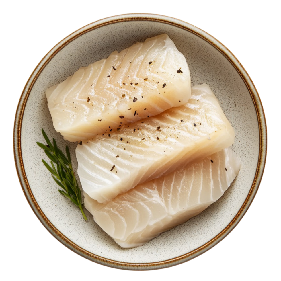 three pieces of fish in a bowl on a transparent background. png