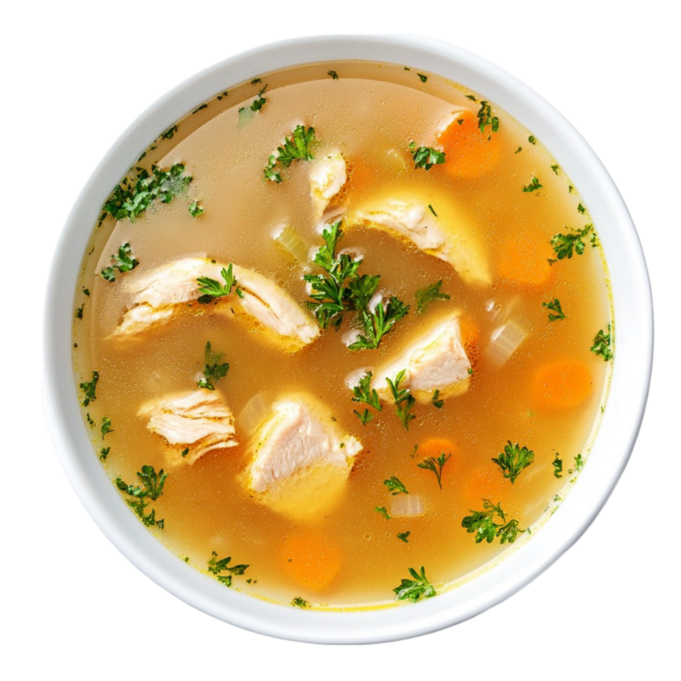 chicken soup with vegetables and herbs in a bowl on a transparent background png
