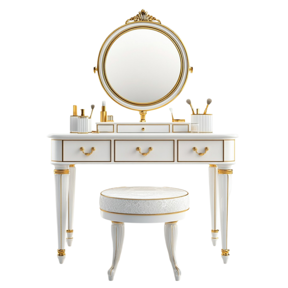 a dressing table with a mirror and stool transparent background. png