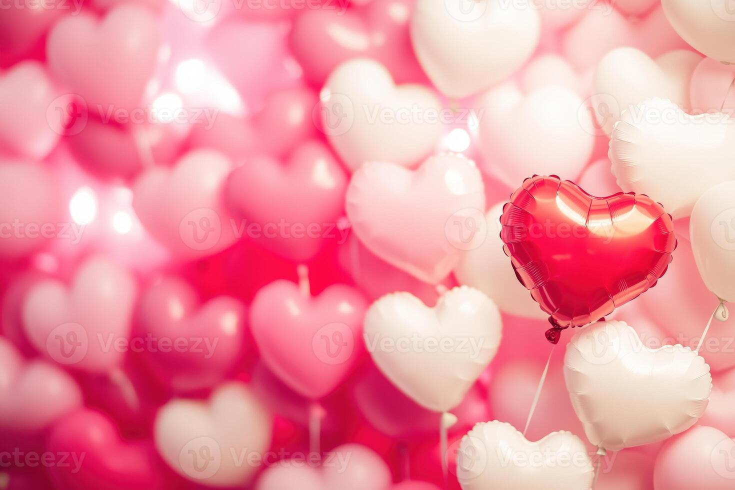 A Valentine's Day background with heart-shaped balloons in shades of pink, white and red. Valentine's day background. photo