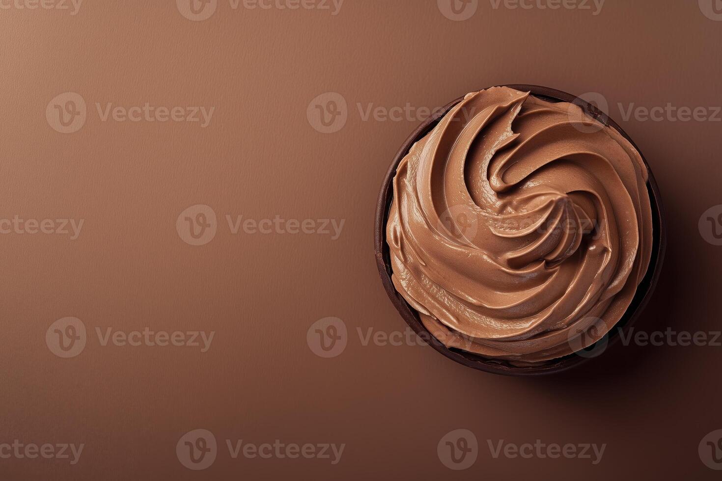 Top view of mocha or chocolate mousse dessert with smooth texture, soft brown background. Color trend concept, color of the year 2025. Banner with copy space. photo
