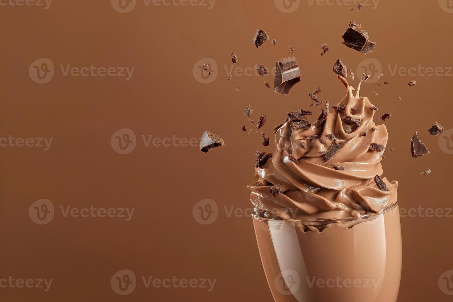 Side view of mocha or chocolate mousse dessert with smooth texture with crushed chocolate in motion, soft brown background. Color trend concept, color of the year 2025. Banner with copy photo