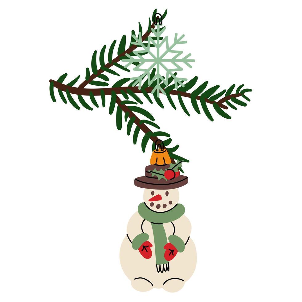 Christmas tree branch with retro Christmas balls. Soviet glass toys in flat style. Snowman, snowflake. Decor for Christmas, New Year and holidays. Hand-drawn isolated illustration on white background vector