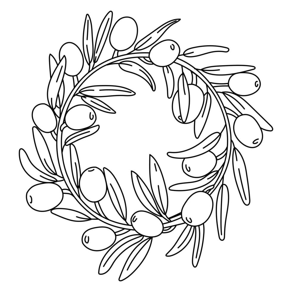 wreath of branches with olives in the outline. An isolated closed illustration. An environmentally friendly product with olive oil content. symbol of natural product. Contrasting outline for coloring vector