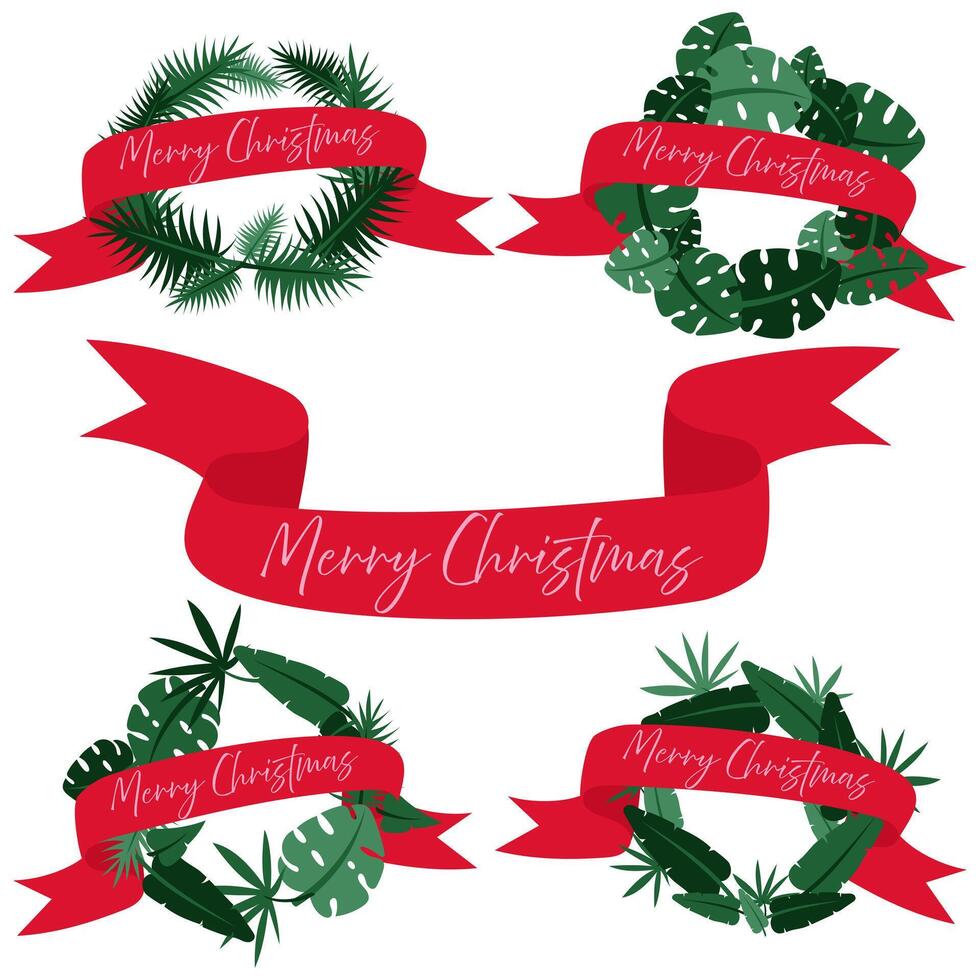 set of wreaths made of tropical palm leaves with ribbon for party invitations, posters. Flat exotic frame with ribbon. tropical motifs with the inscription Christmas. Winter holidays in tropics vector