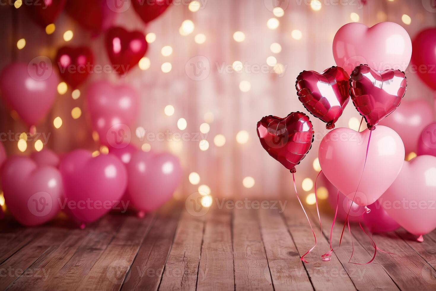 A Valentine's Day background with heart-shaped balloons in shades of pink with bokeh background and wooden floor. Valentine's day background. photo