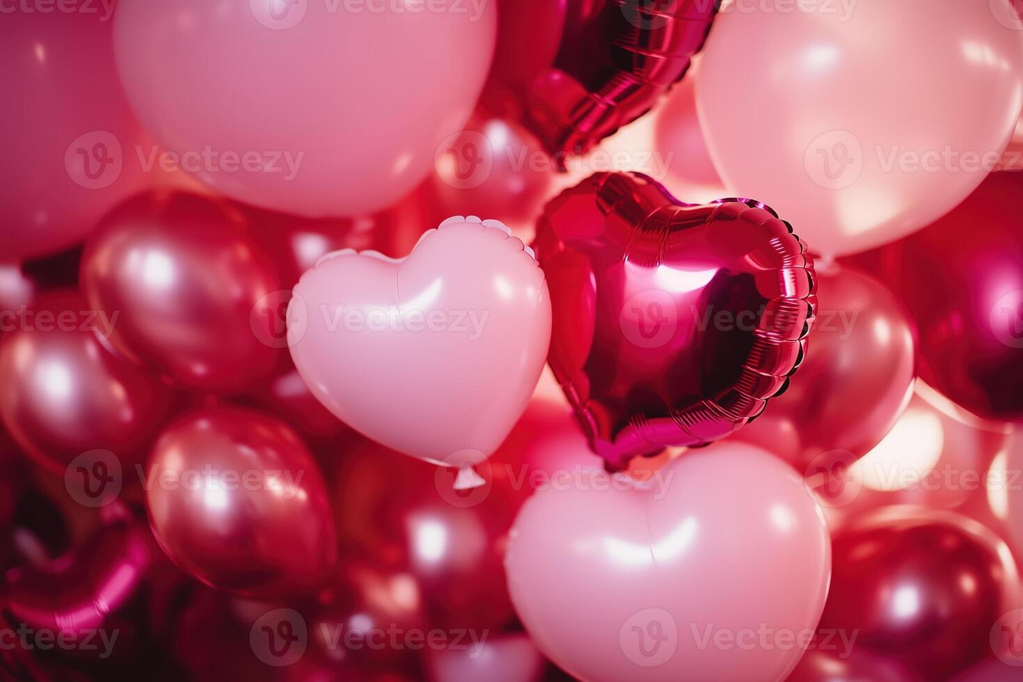 A Valentine's Day background with glowing heart-shaped balloons in different shades of pink. Valentine's day background. photo
