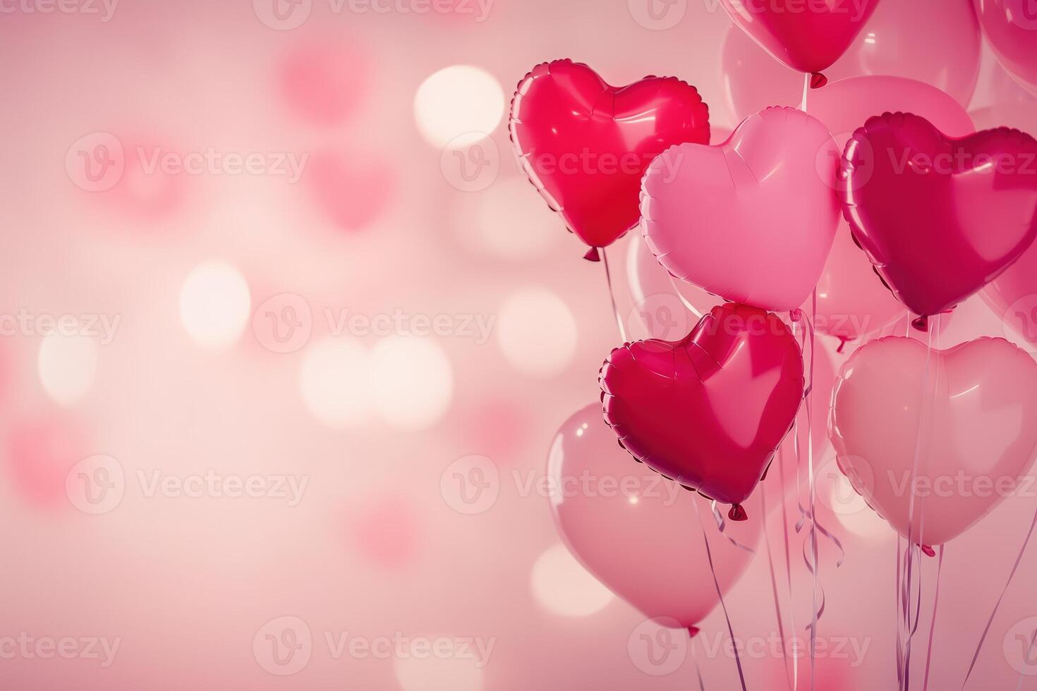 A Valentine's Day background with heart-shaped balloons in shades of pink. Valentine's day background with copy space, bokeh effect.. photo