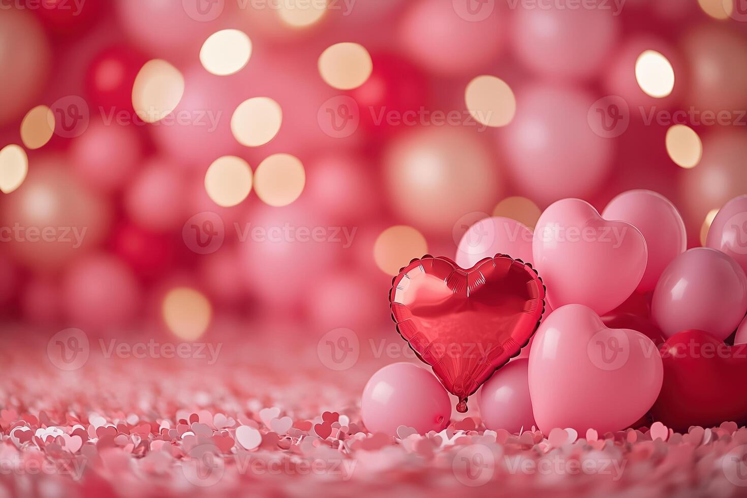 A Valentine's Day background with heart-shaped balloons in shades of pink with bokeh background. Valentine's day background. photo