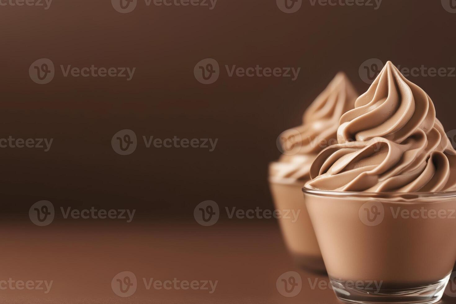 Side view of mocha or chocolate mousse dessert with smooth texture, soft brown background. Color trend concept, color of the year 2025. Banner with copy space. photo