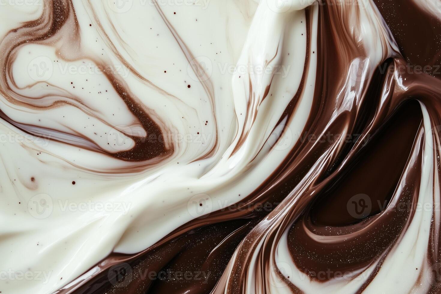 Close up of swirling liquid blending creamy white paint and dark brown. Fluid motion. Mocha mousse color, trend of 2025 year photo